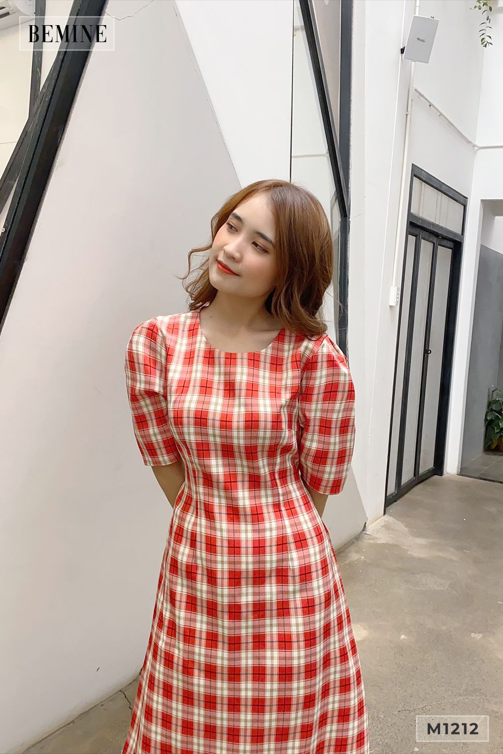M1212DO - Đầm caro suông dây eo