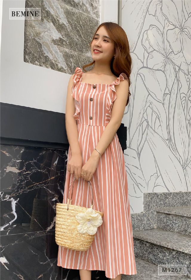 M1267HONG - Đầm sọc tay bèo cột eo