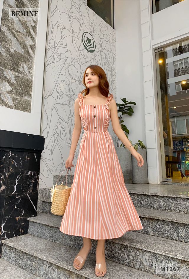 M1267HONG - Đầm sọc tay bèo cột eo