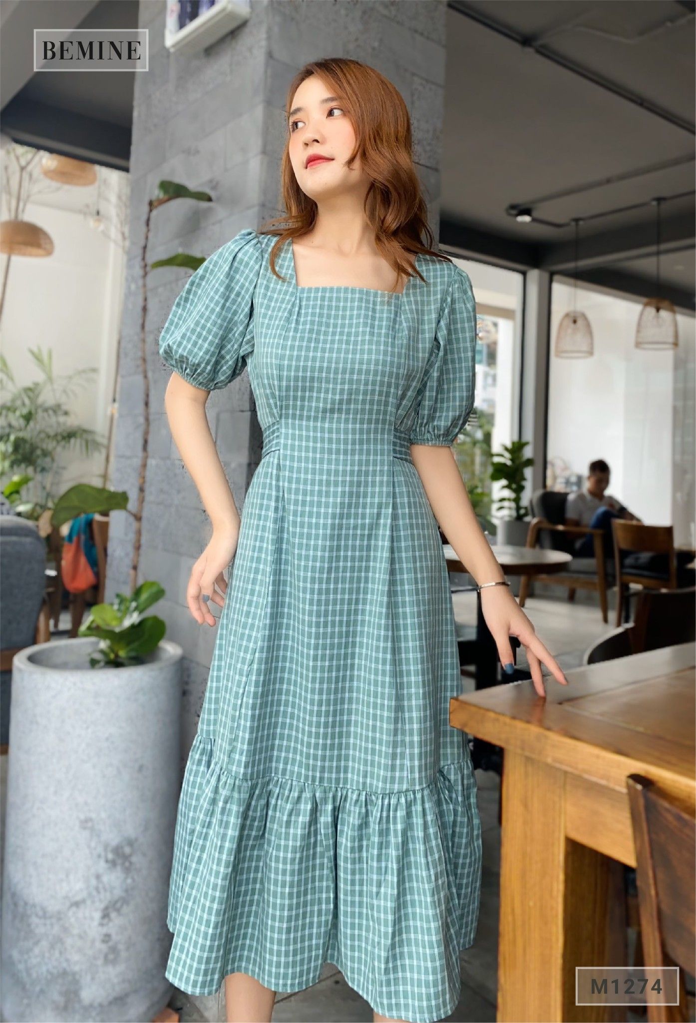 M1274XANH - Đầm cổ U cột eo
