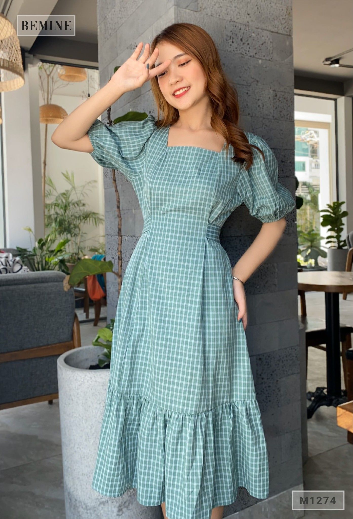 M1274XANH - Đầm cổ U cột eo