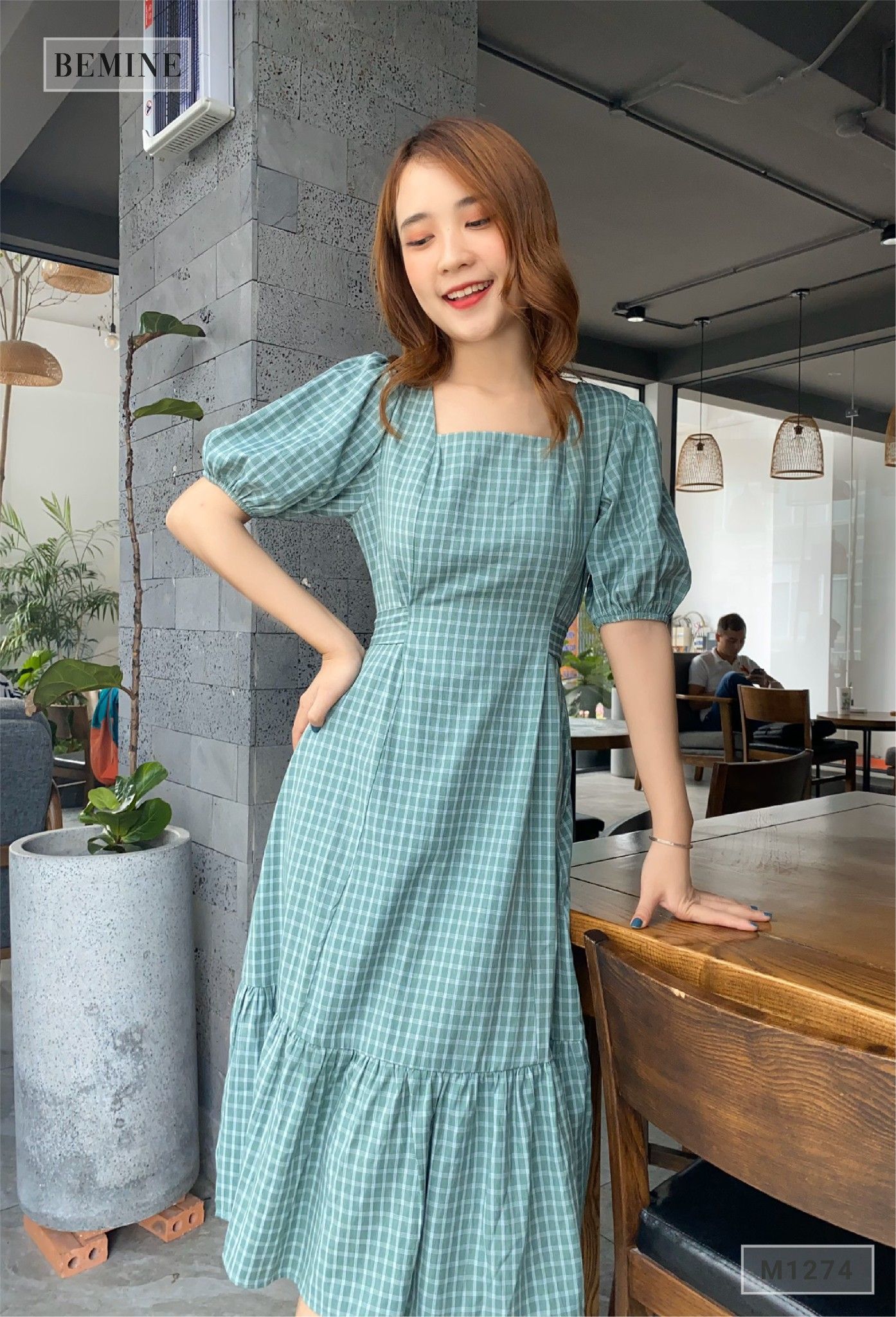 M1274XANH - Đầm cổ U cột eo