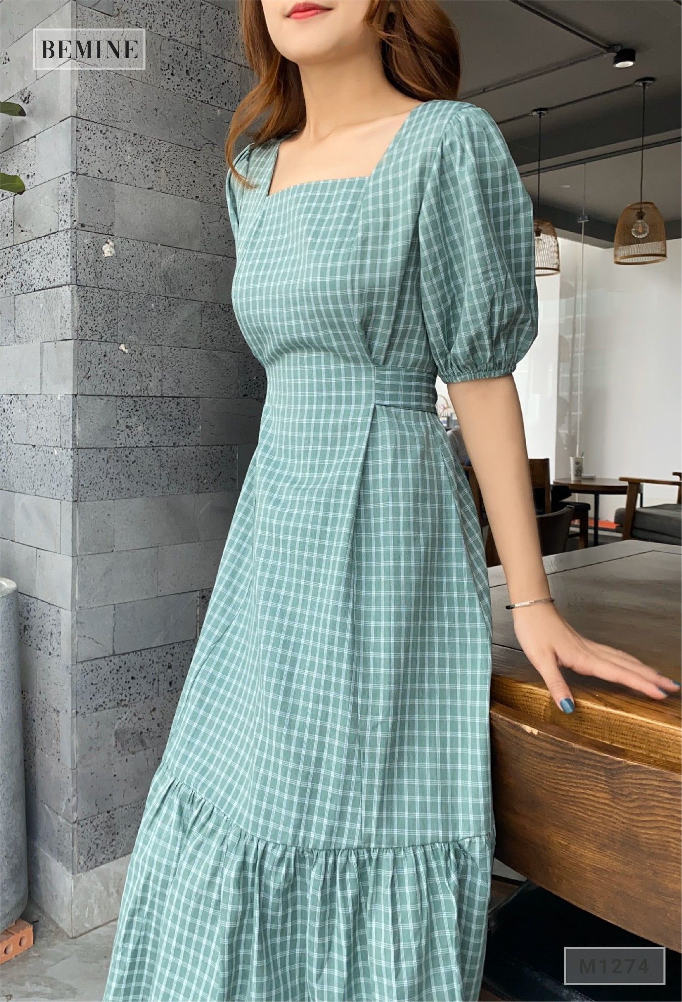 M1274XANH - Đầm cổ U cột eo