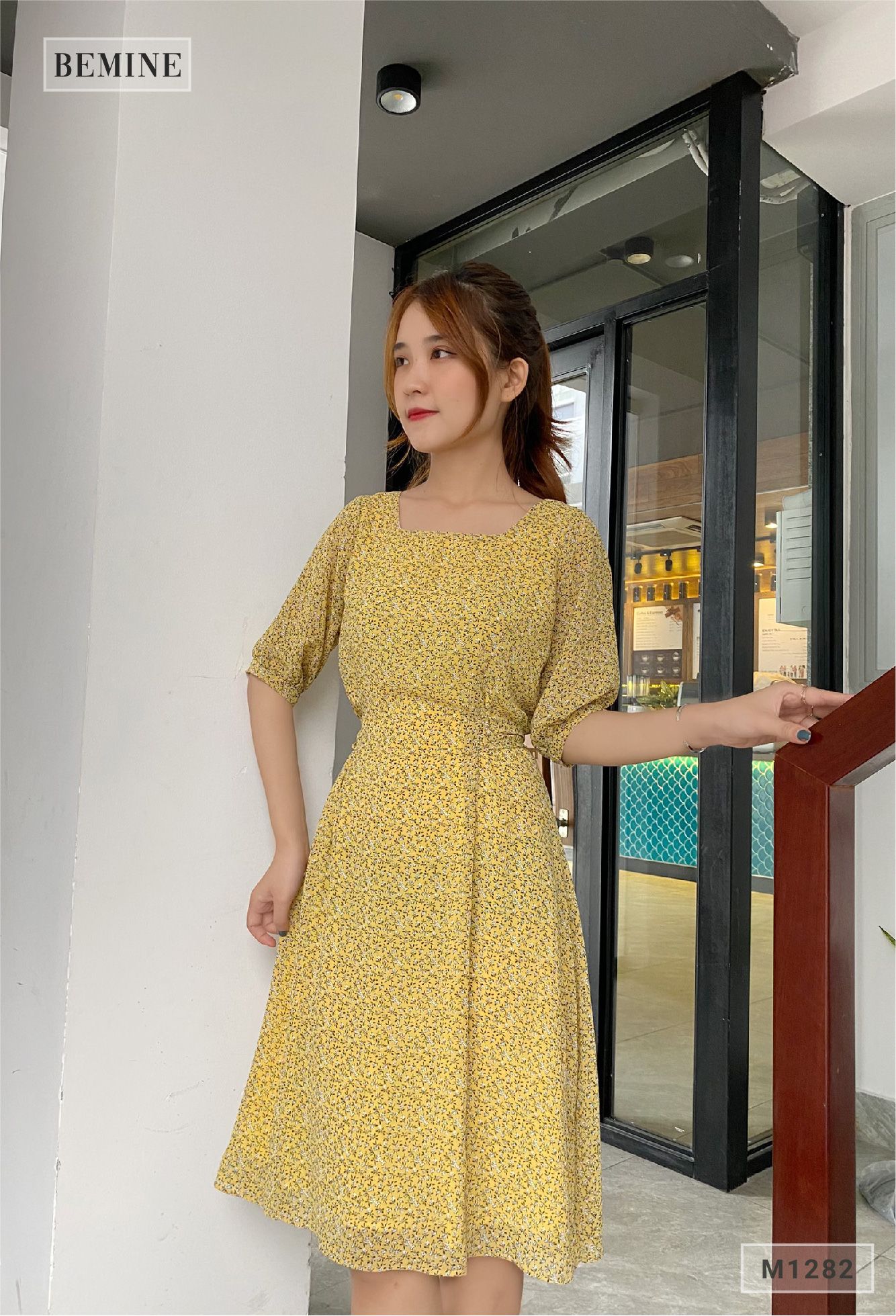 M1282VANG - Đầm xòe cổ vuông cột eo