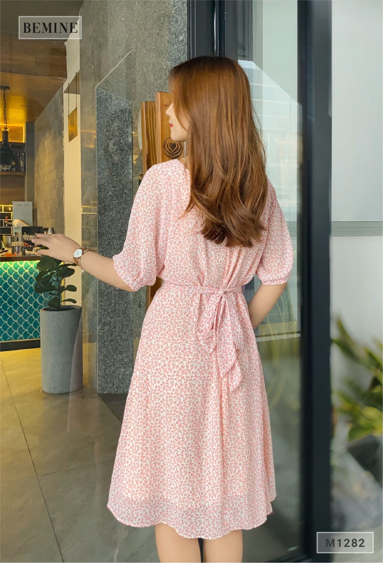 M1282HONG - Đầm xòe cổ vuông cột eo