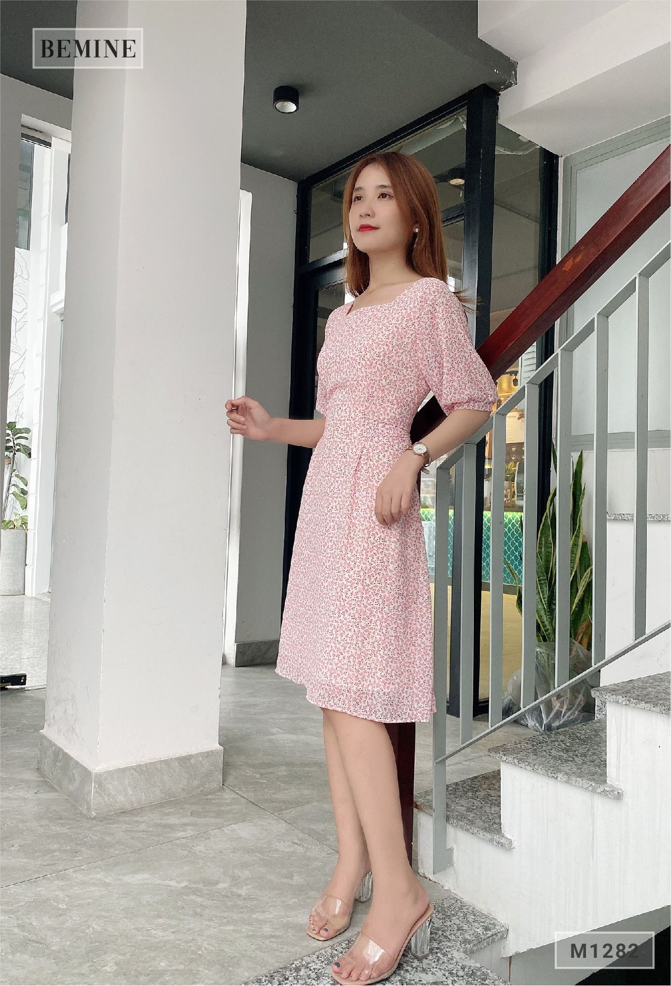 M1282HONG - Đầm xòe cổ vuông cột eo