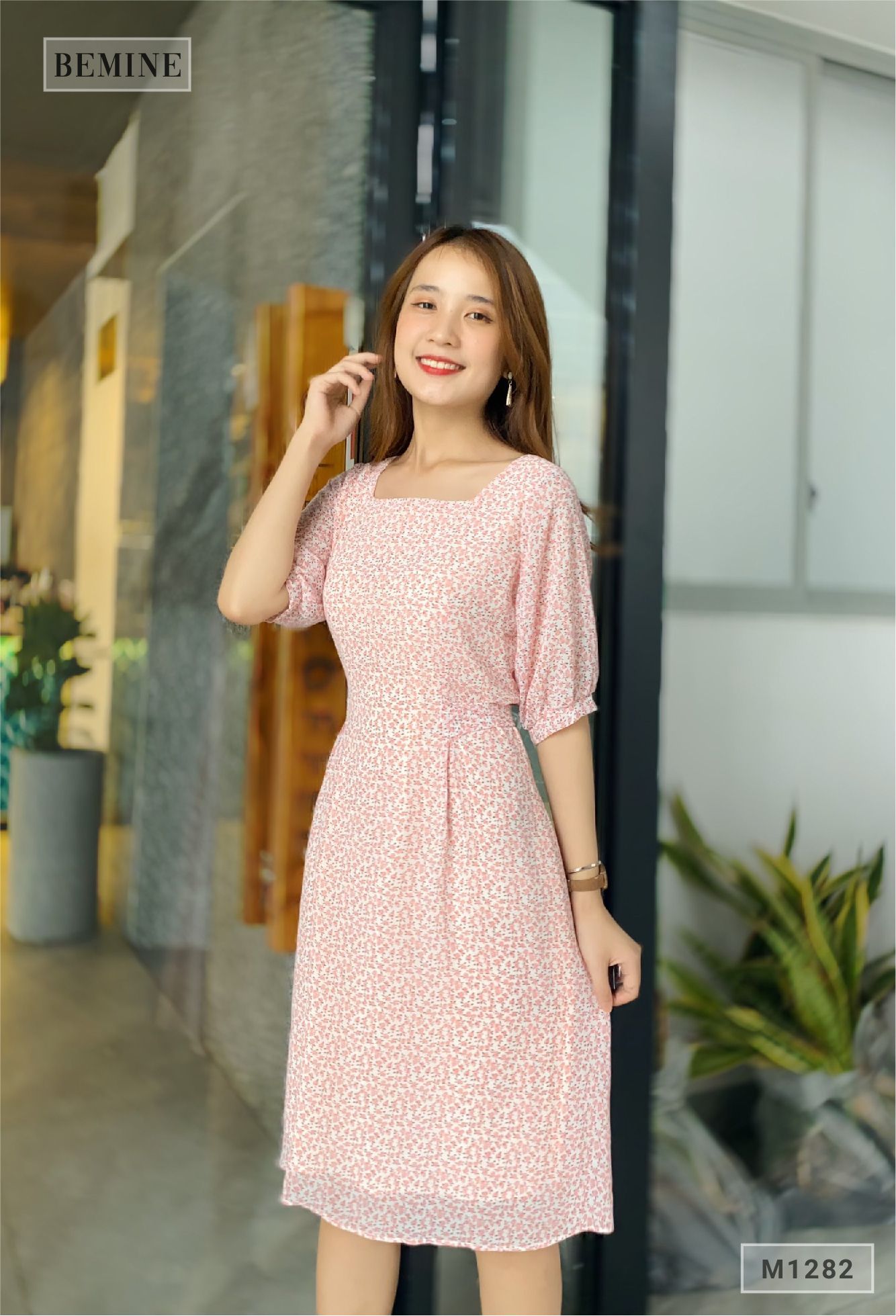 M1282HONG - Đầm xòe cổ vuông cột eo