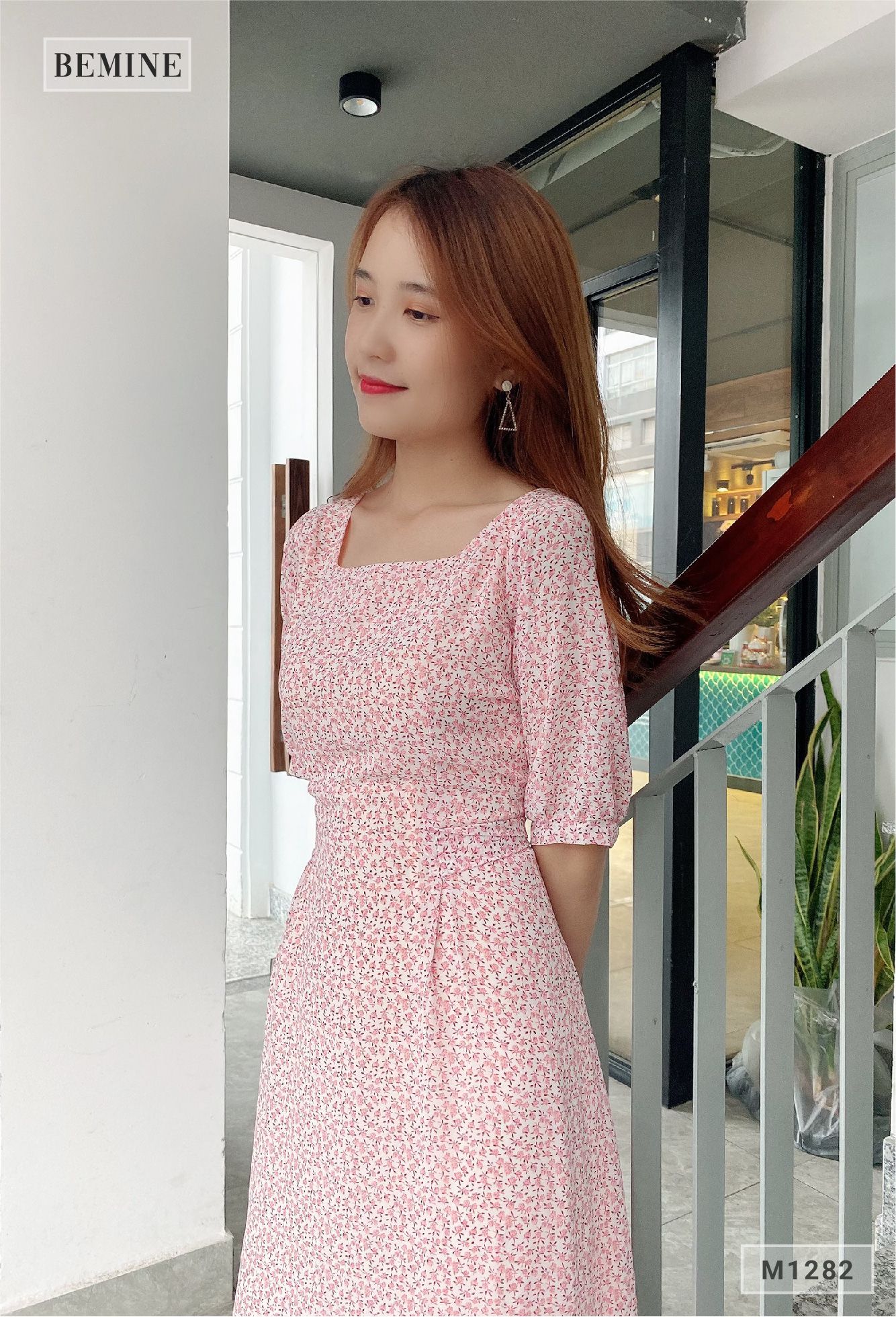 M1282HONG - Đầm xòe cổ vuông cột eo