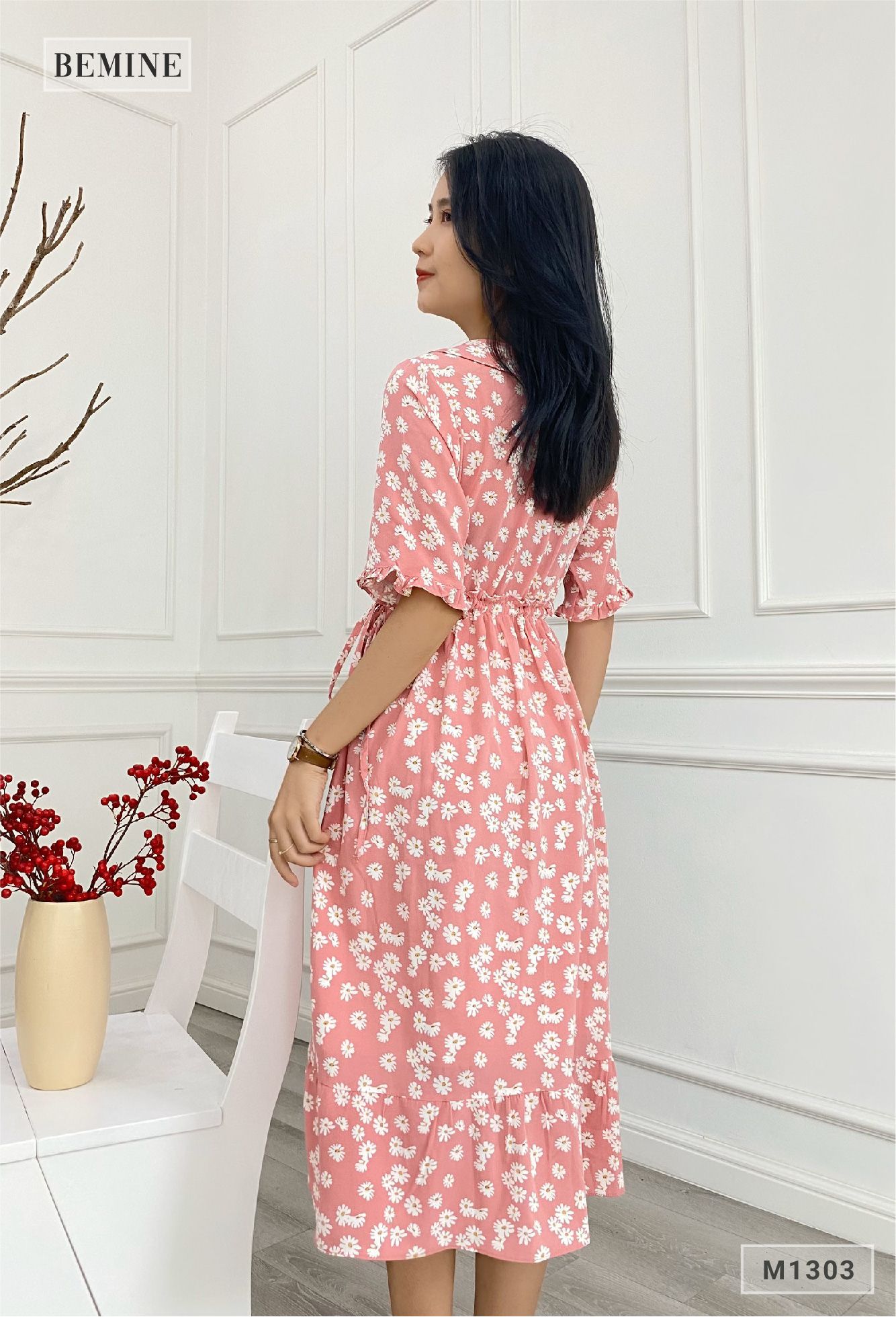 M1303HONG - Đầm hoa lót tùng nhúng eo