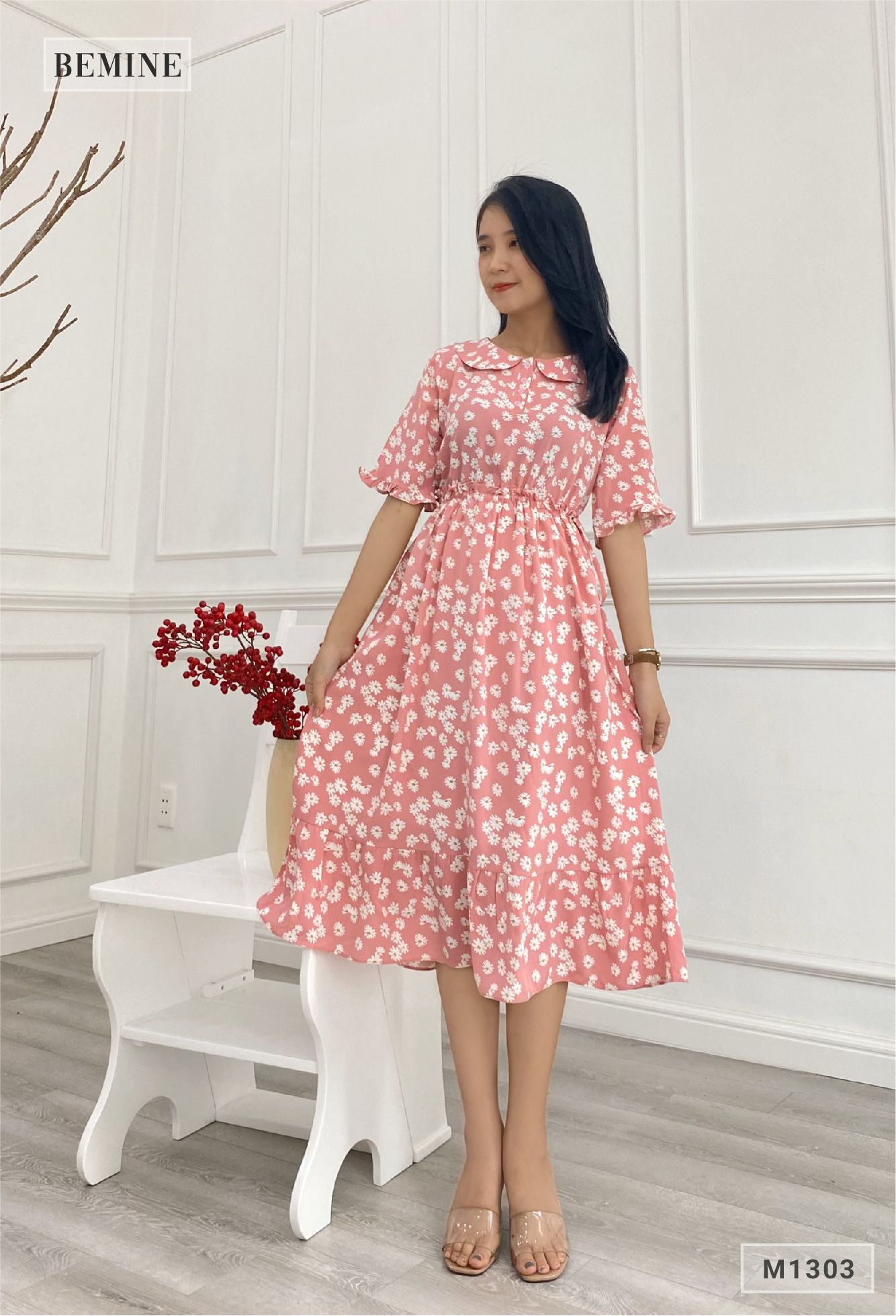 M1303HONG - Đầm hoa lót tùng nhúng eo