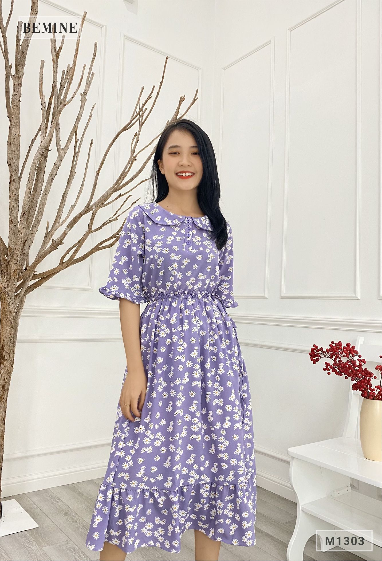 M1303TIM - Đầm hoa lót tùng nhúng eo