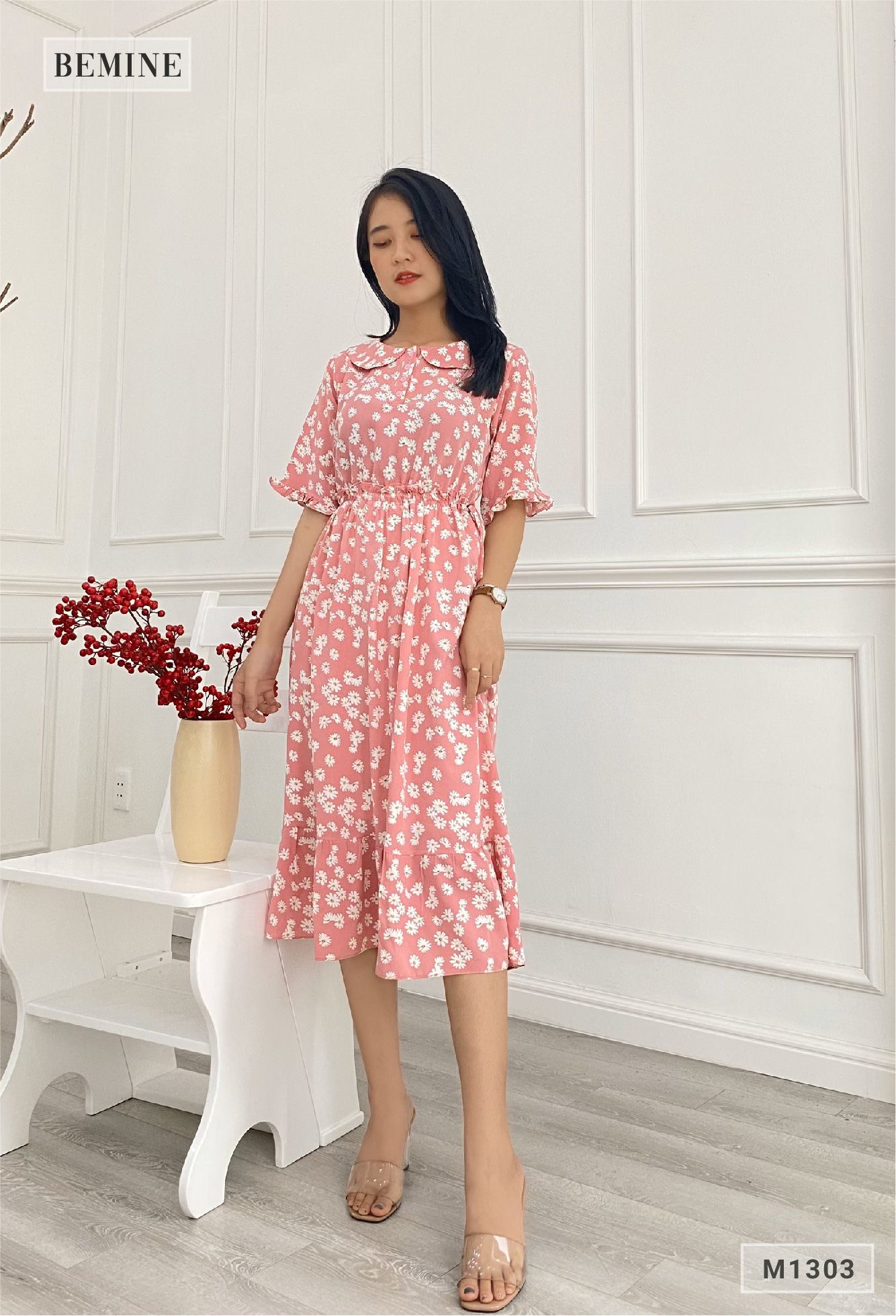 M1303HONG - Đầm hoa lót tùng nhúng eo