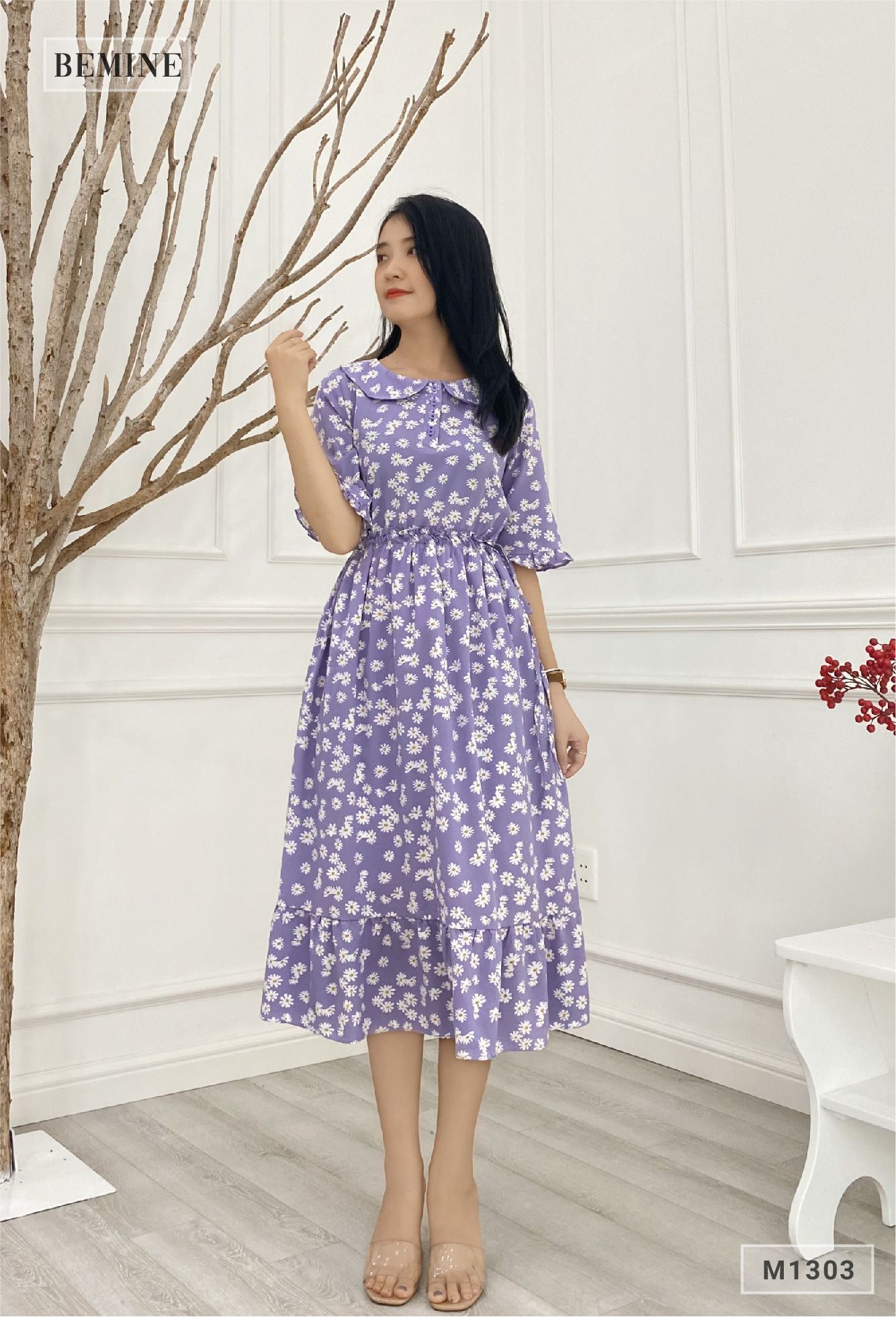 M1303TIM - Đầm hoa lót tùng nhúng eo