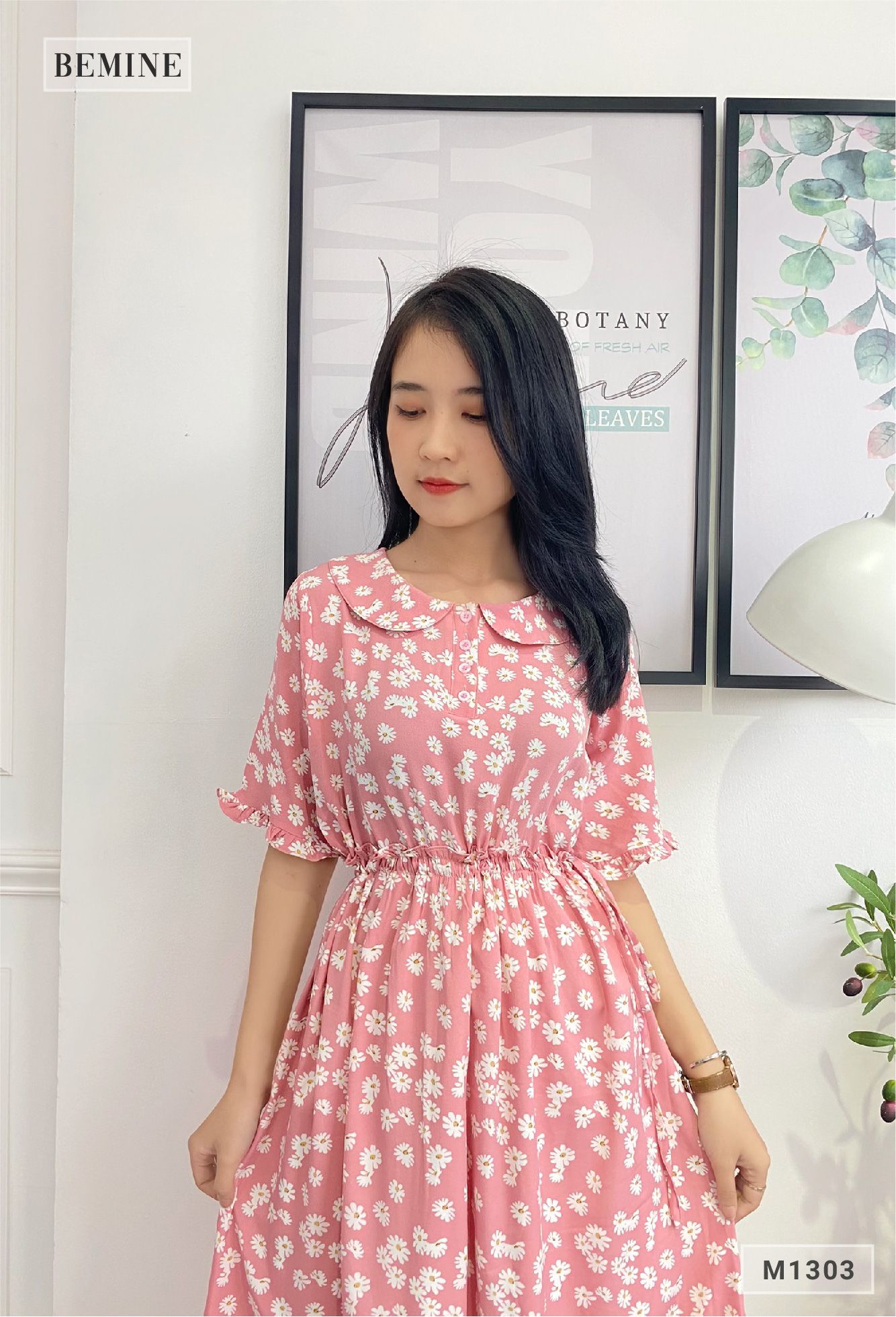 M1303HONG - Đầm hoa lót tùng nhúng eo