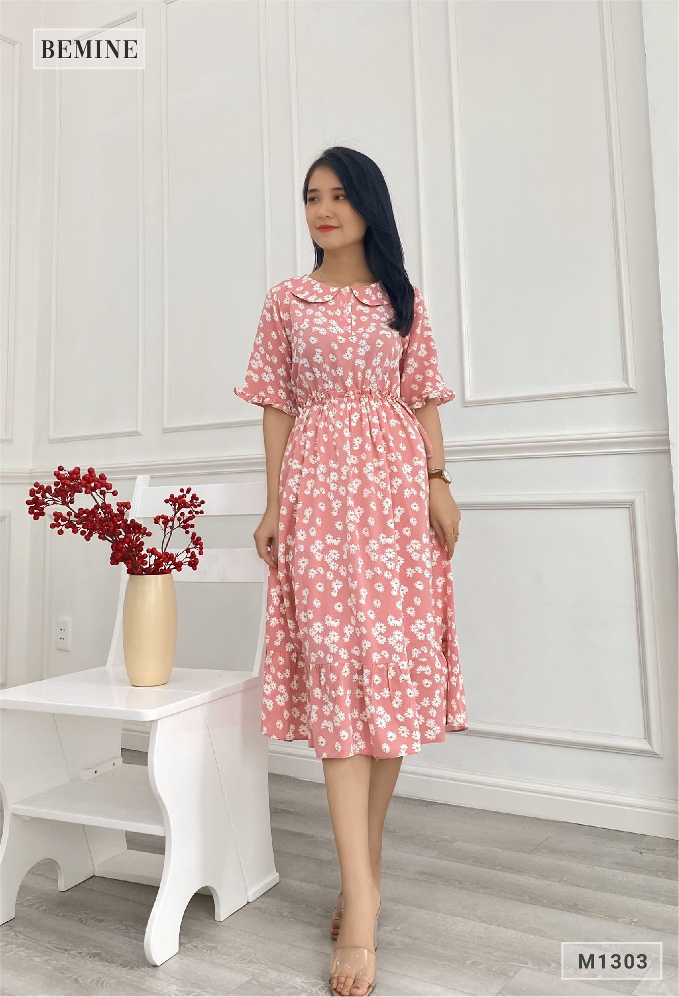M1303HONG - Đầm hoa lót tùng nhúng eo