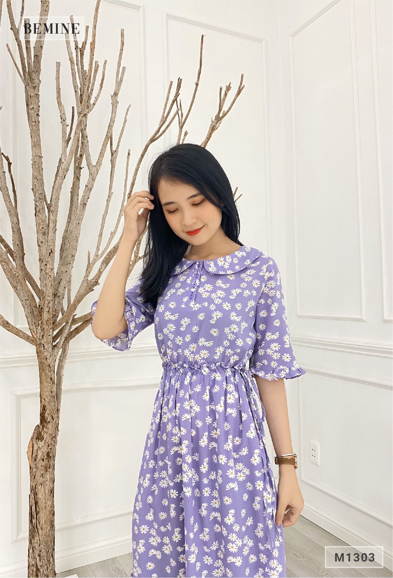 M1303TIM - Đầm hoa lót tùng nhúng eo