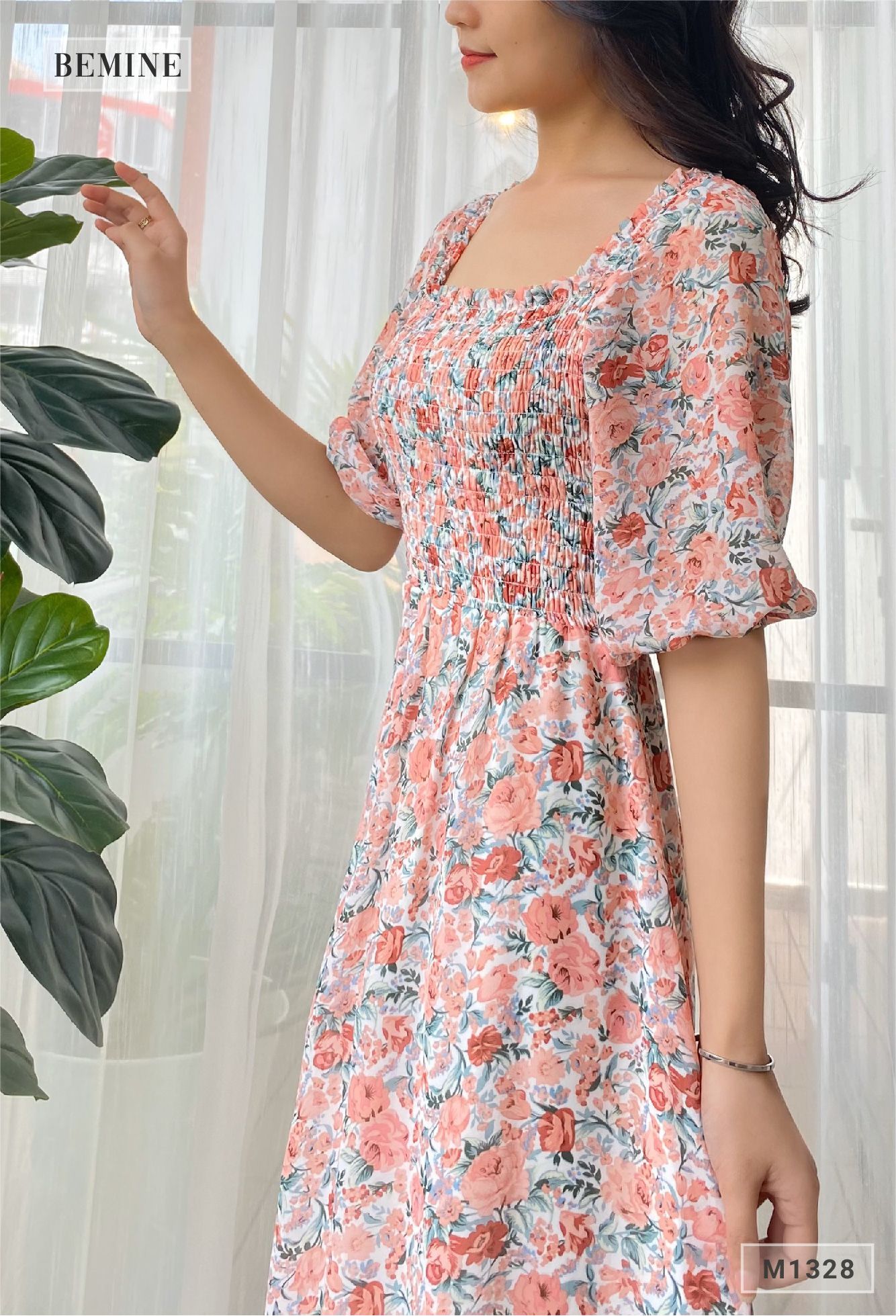 M1328HONG - Đầm tay phồng nhún ngực