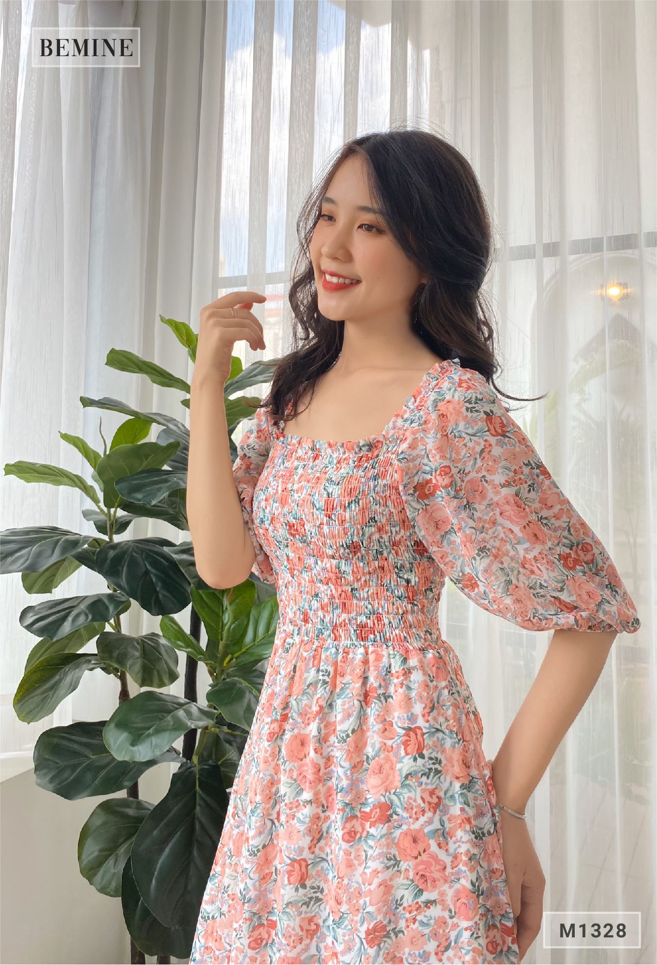 M1328HONG - Đầm tay phồng nhún ngực