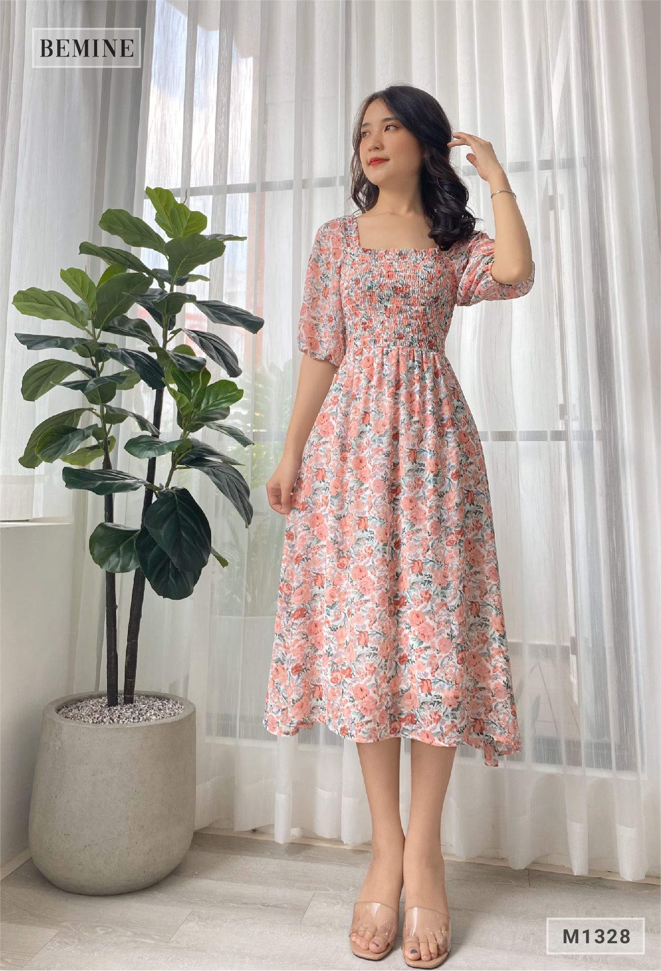 M1328HONG - Đầm tay phồng nhún ngực