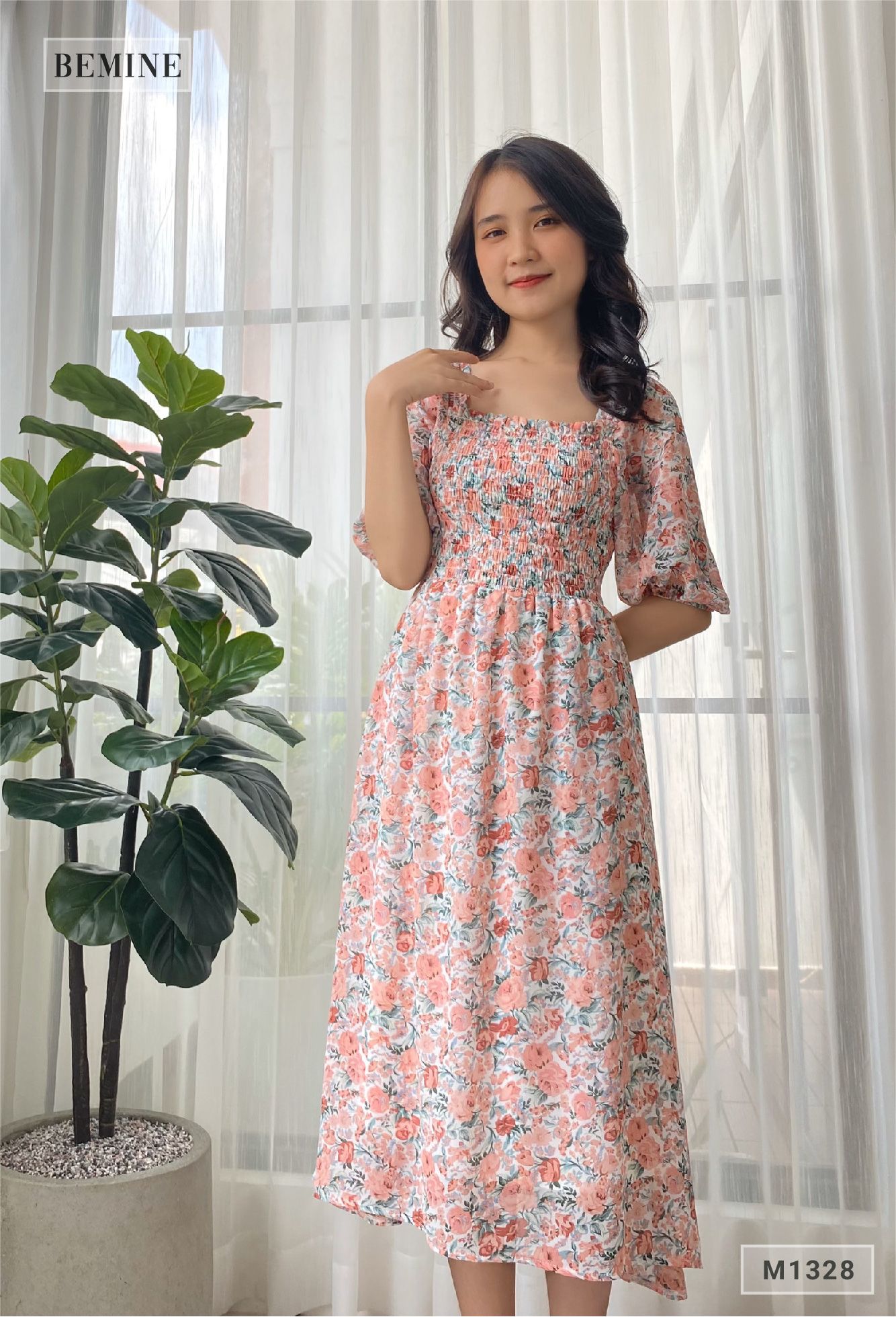 M1328HONG - Đầm tay phồng nhún ngực