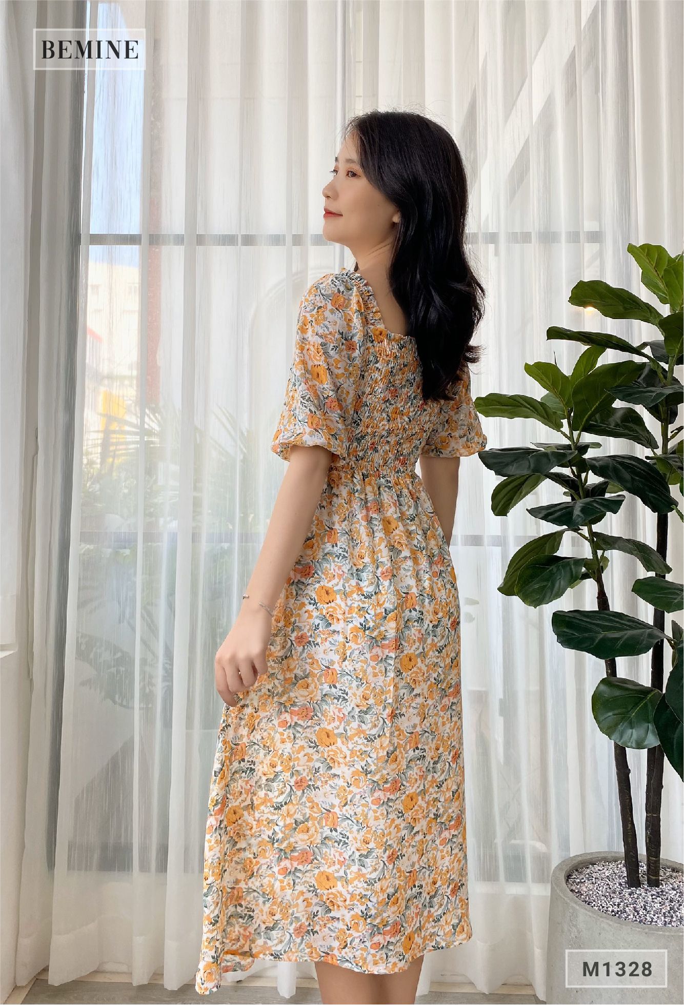 M1328CAM - Đầm tay phồng nhún ngực