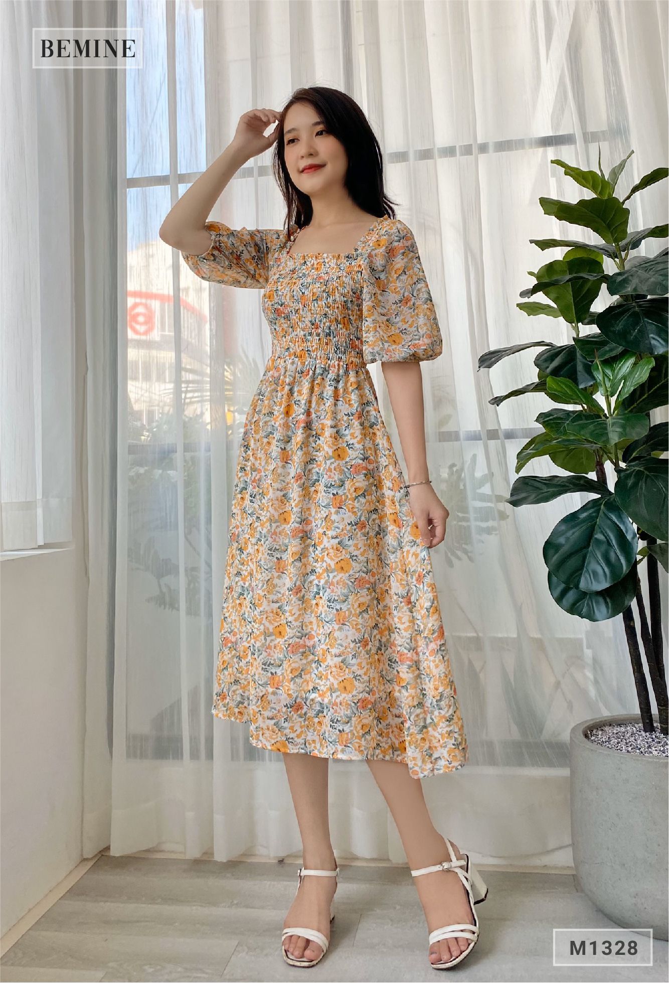 M1328CAM - Đầm tay phồng nhún ngực