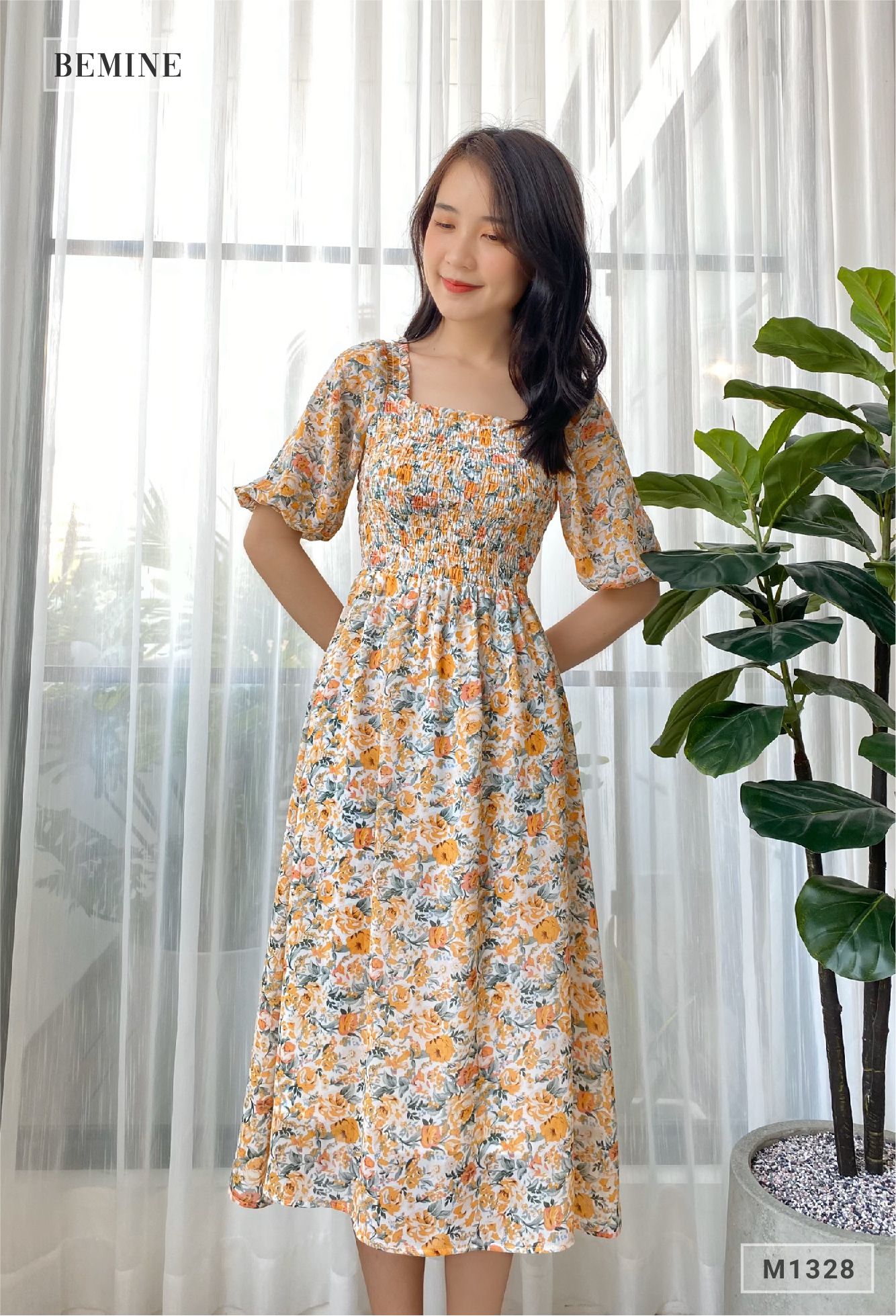 M1328CAM - Đầm tay phồng nhún ngực