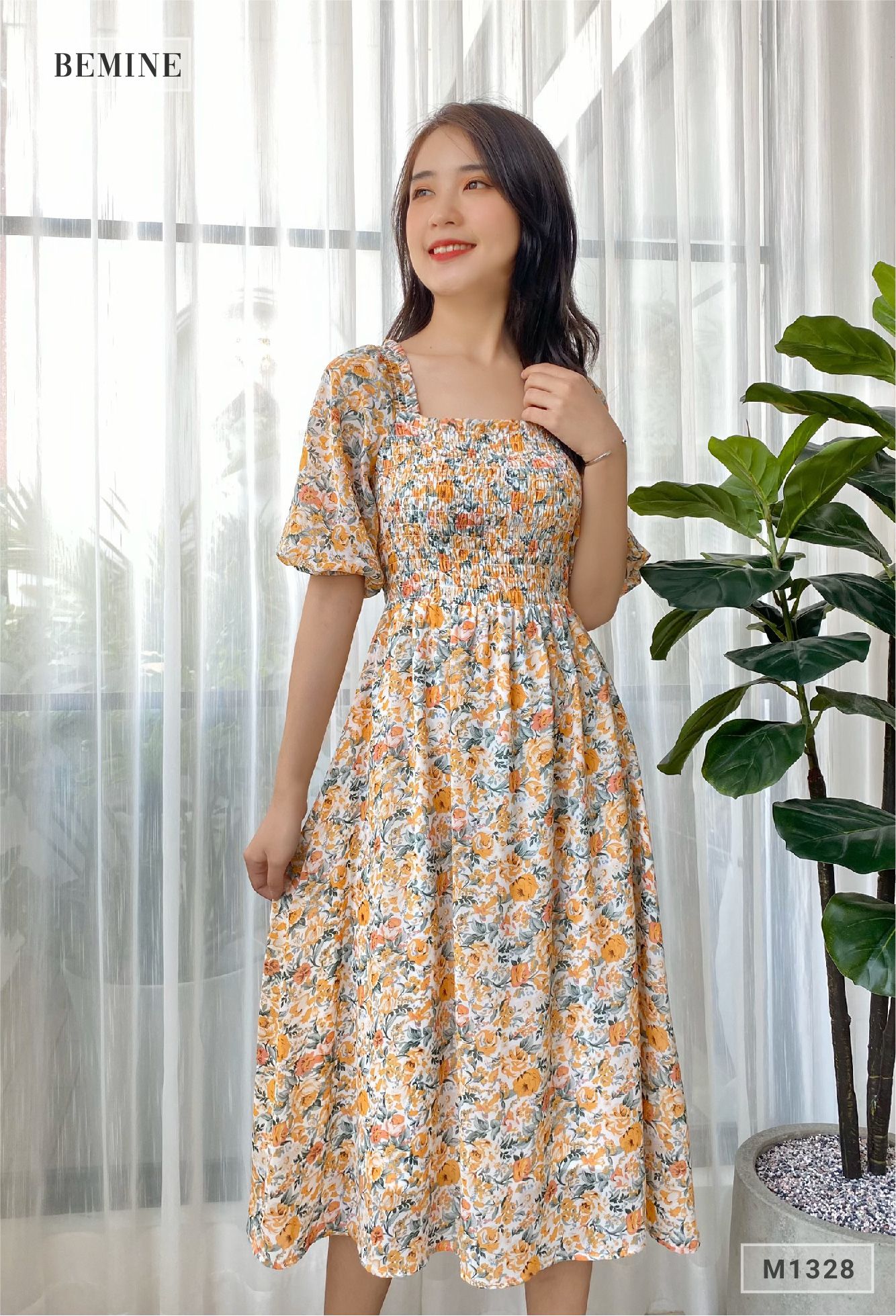 M1328CAM - Đầm tay phồng nhún ngực