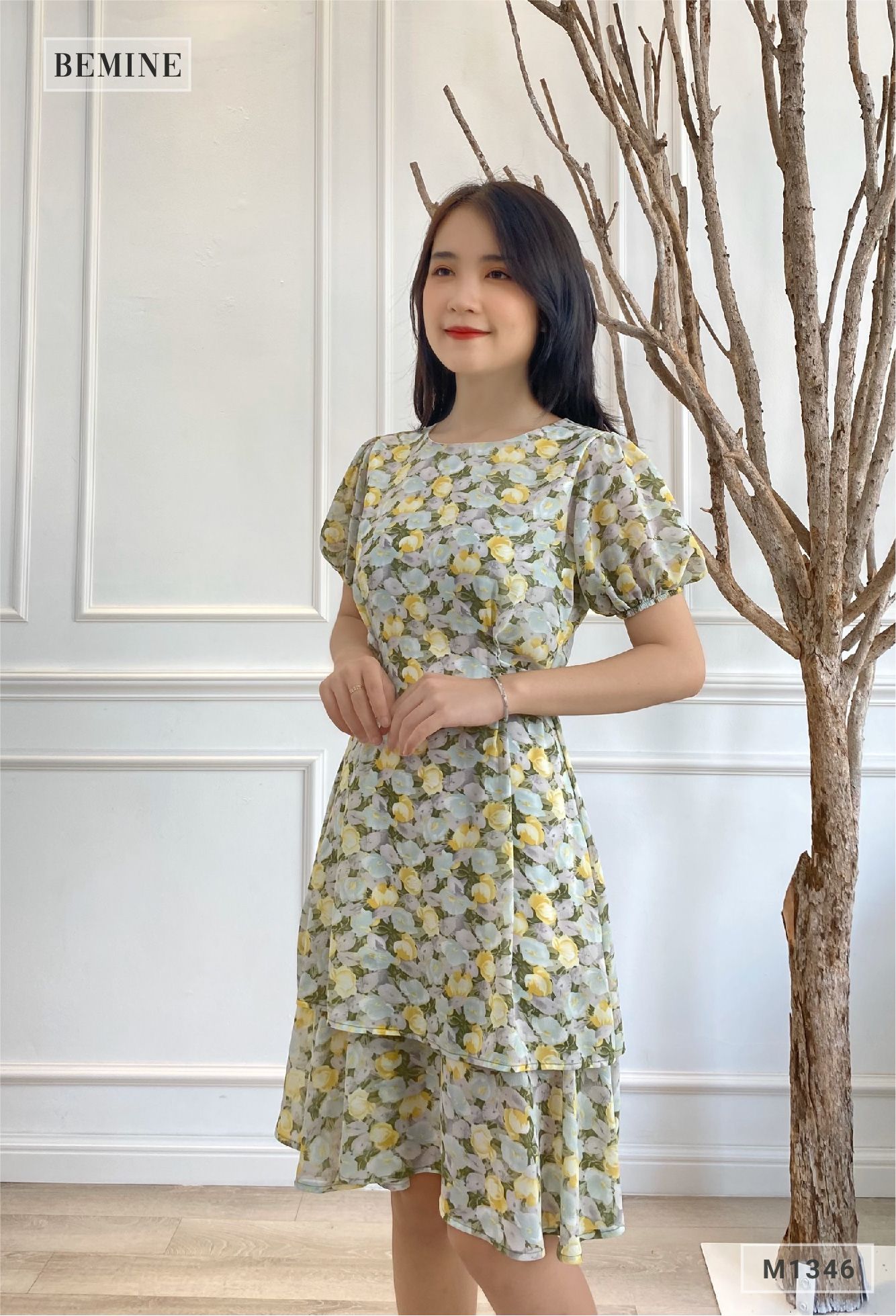 M1346XANH - Đầm hoa cổ tròn tay lỡ