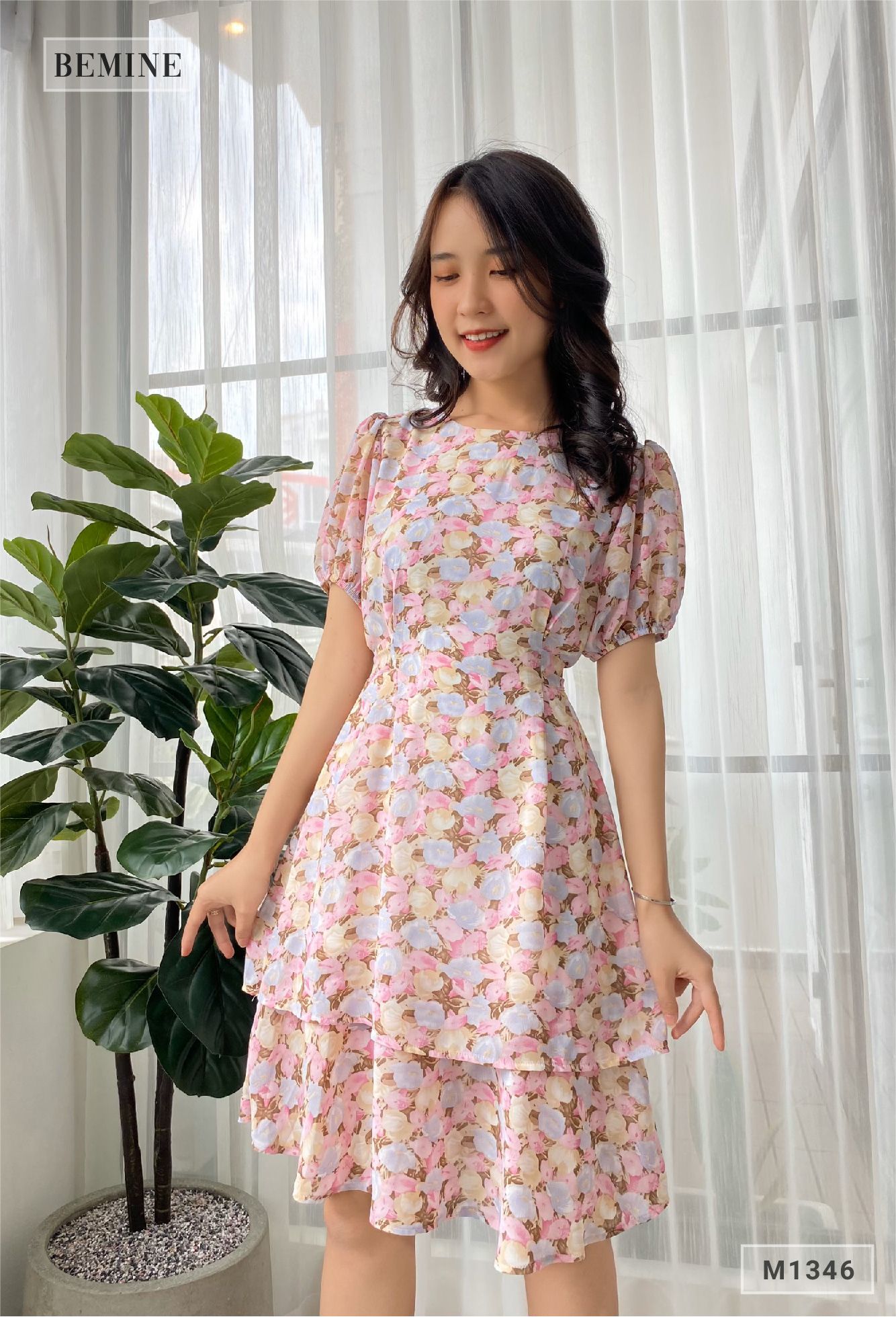 M1346HONG - Đầm hoa cổ tròn tay lỡ