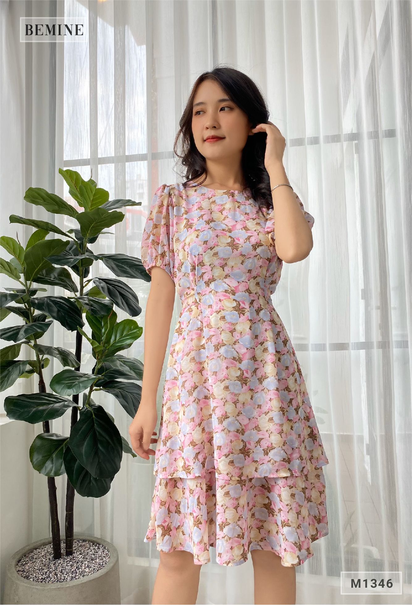 M1346HONG - Đầm hoa cổ tròn tay lỡ