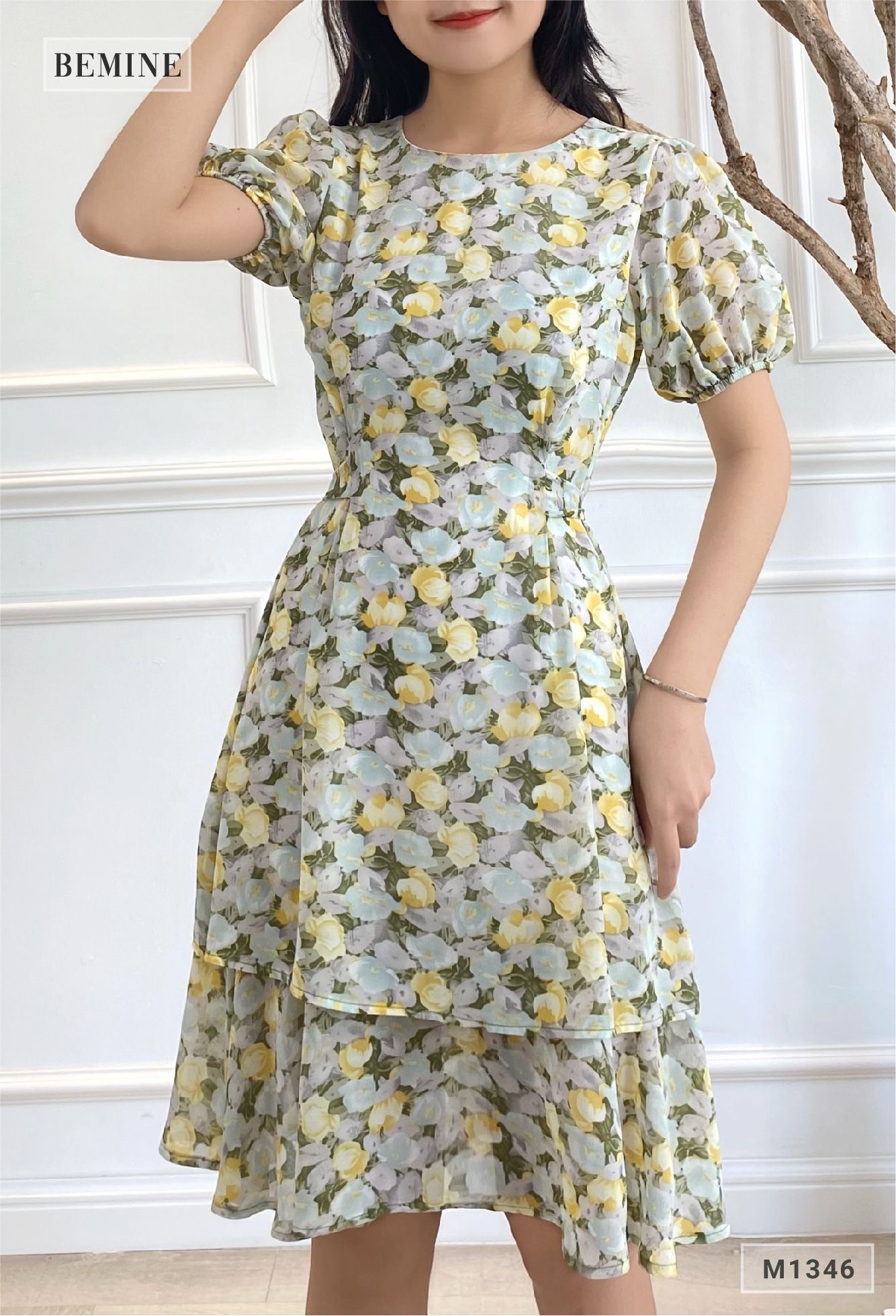 M1346XANH - Đầm hoa cổ tròn tay lỡ