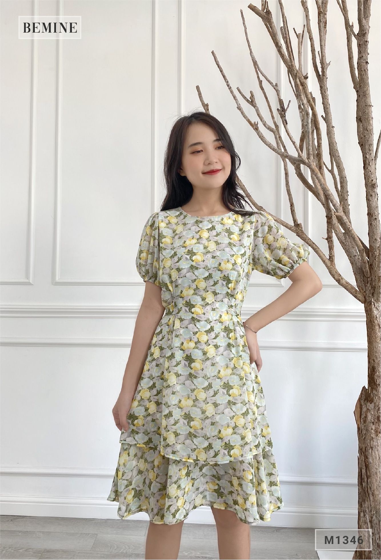 M1346XANH - Đầm hoa cổ tròn tay lỡ