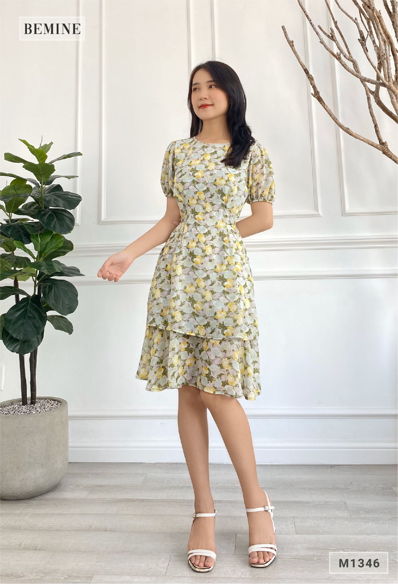 M1346XANH - Đầm hoa cổ tròn tay lỡ