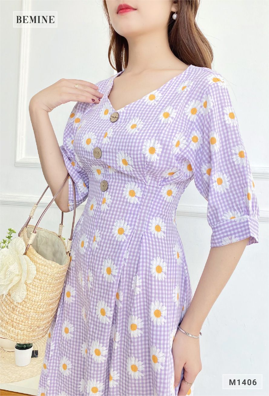 M1406TIM - Đầm bông cúc đính nút
