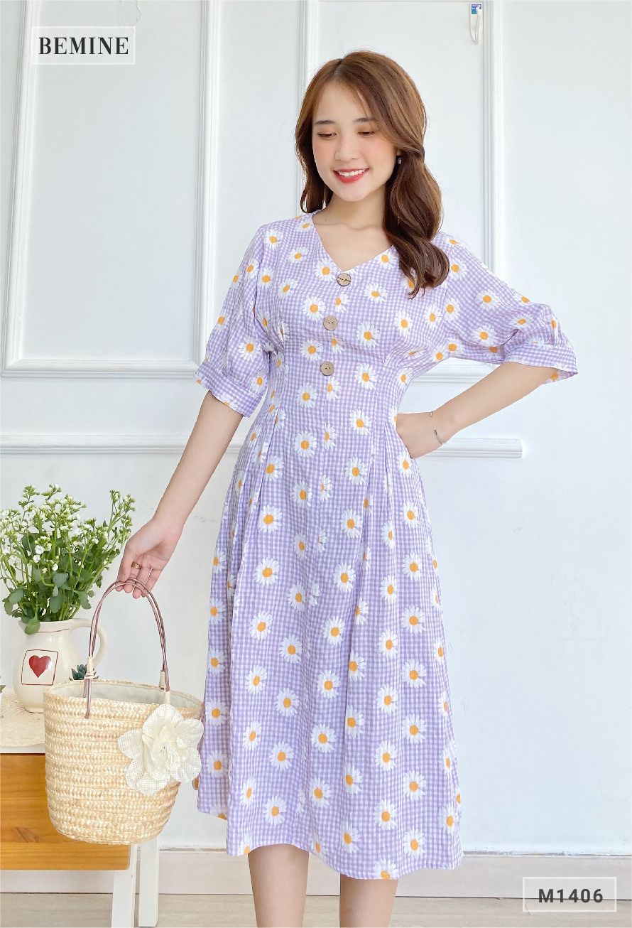 M1406TIM - Đầm bông cúc đính nút