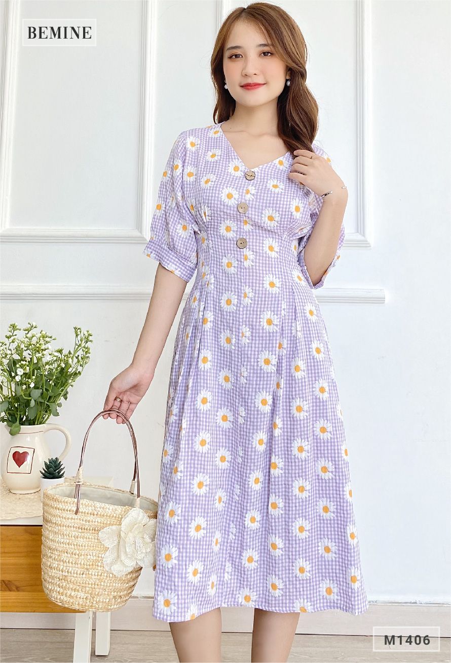 M1406TIM - Đầm bông cúc đính nút