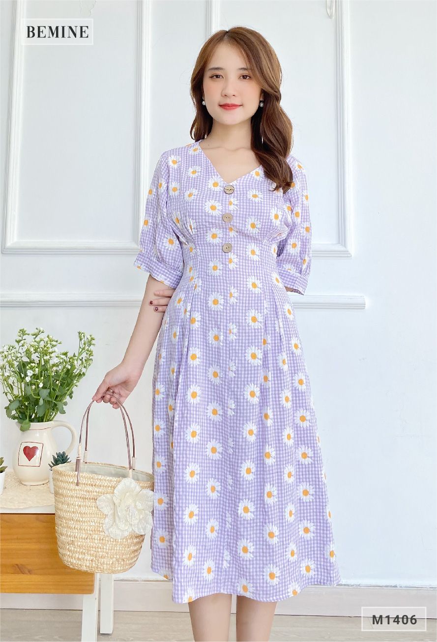 M1406TIM - Đầm bông cúc đính nút