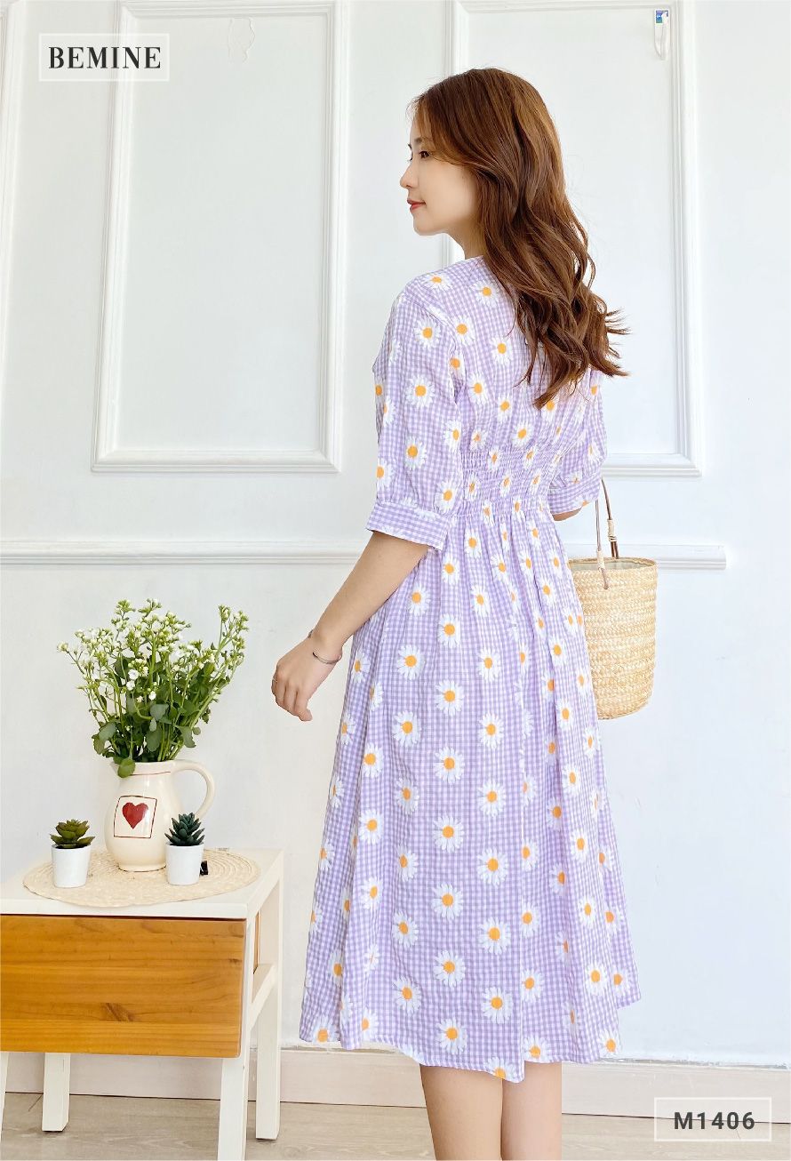 M1406TIM - Đầm bông cúc đính nút