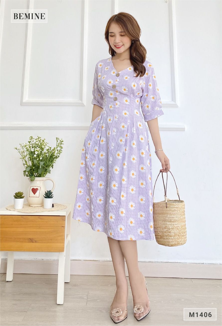 M1406TIM - Đầm bông cúc đính nút