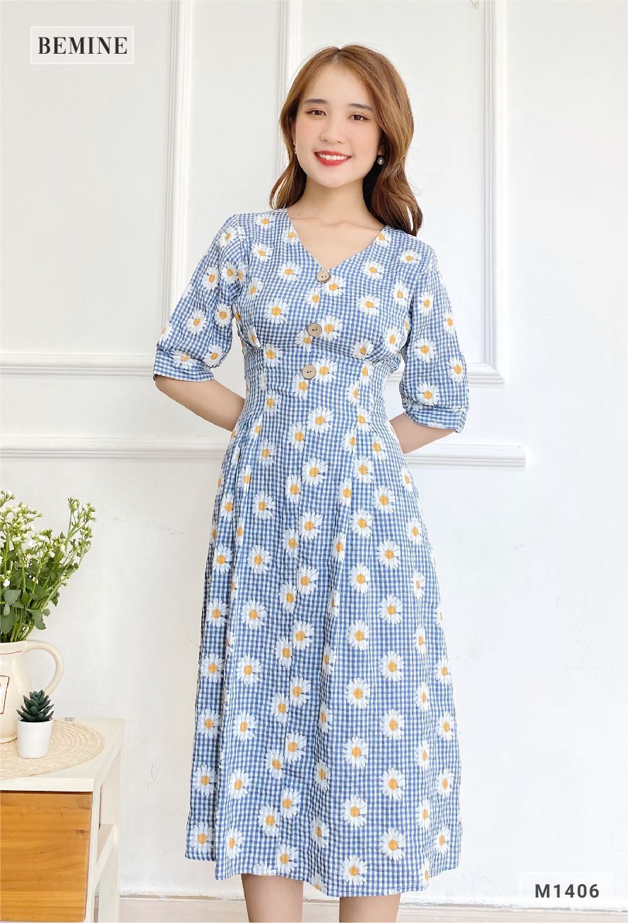 M1406XANHBIEN - Đầm bông cúc đính nút