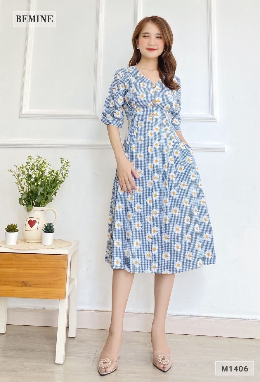 M1406XANHBIEN - Đầm bông cúc đính nút