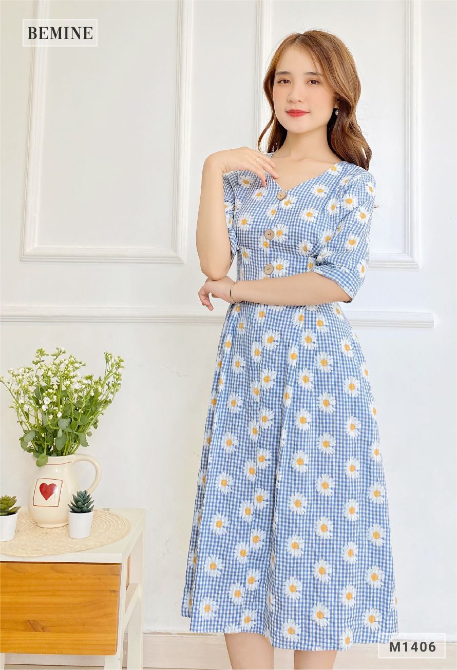 M1406XANHBIEN - Đầm bông cúc đính nút