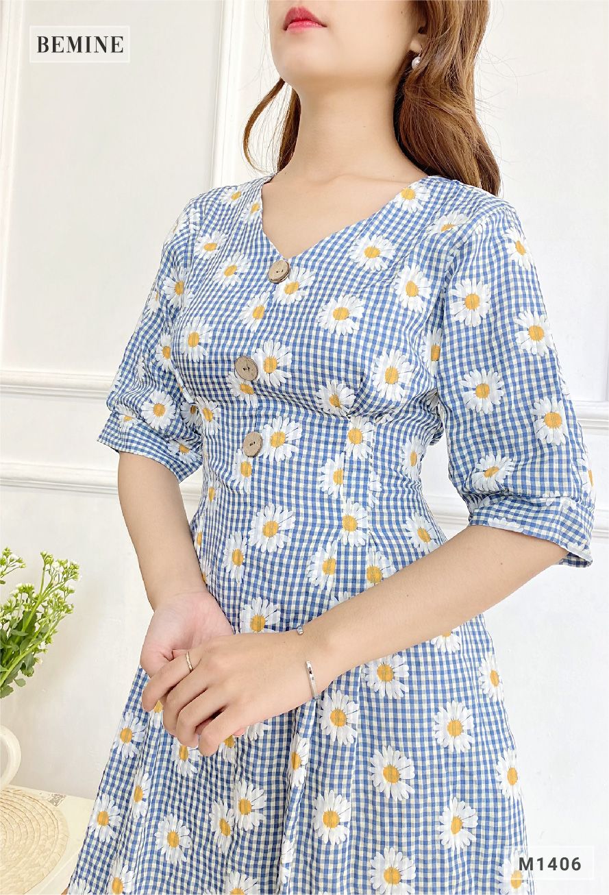 M1406XANHBIEN - Đầm bông cúc đính nút