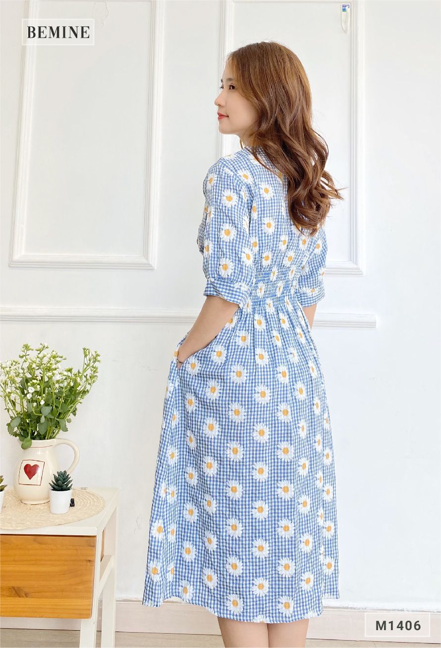 M1406XANHBIEN - Đầm bông cúc đính nút