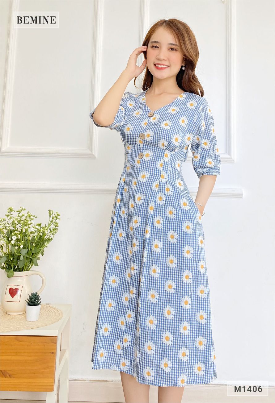 M1406XANHBIEN - Đầm bông cúc đính nút