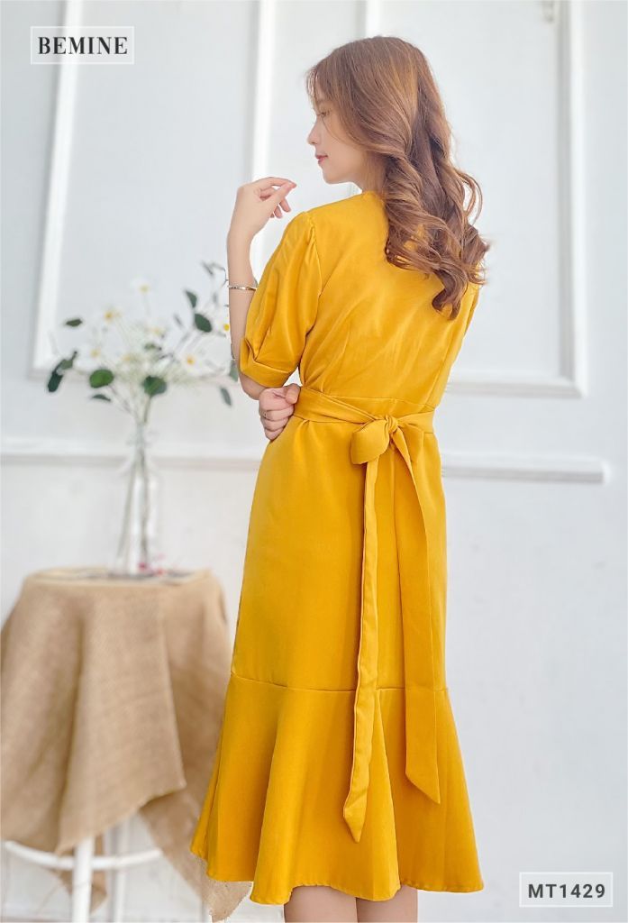 M1429VANG - Đầm vàng sơ mi cột eo