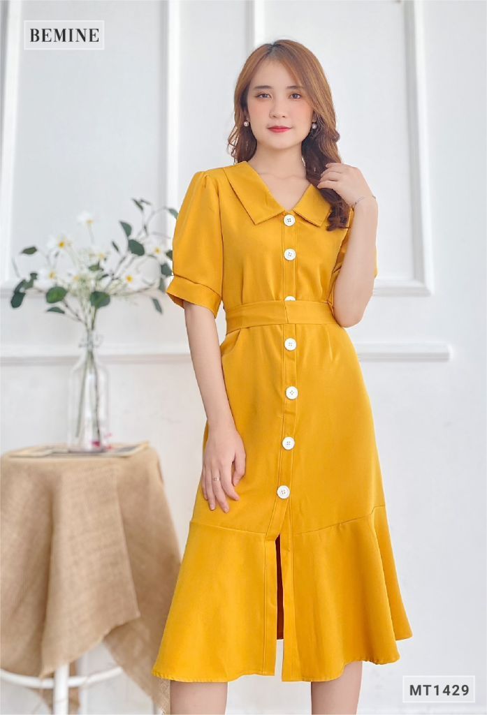 M1429VANG - Đầm vàng sơ mi cột eo