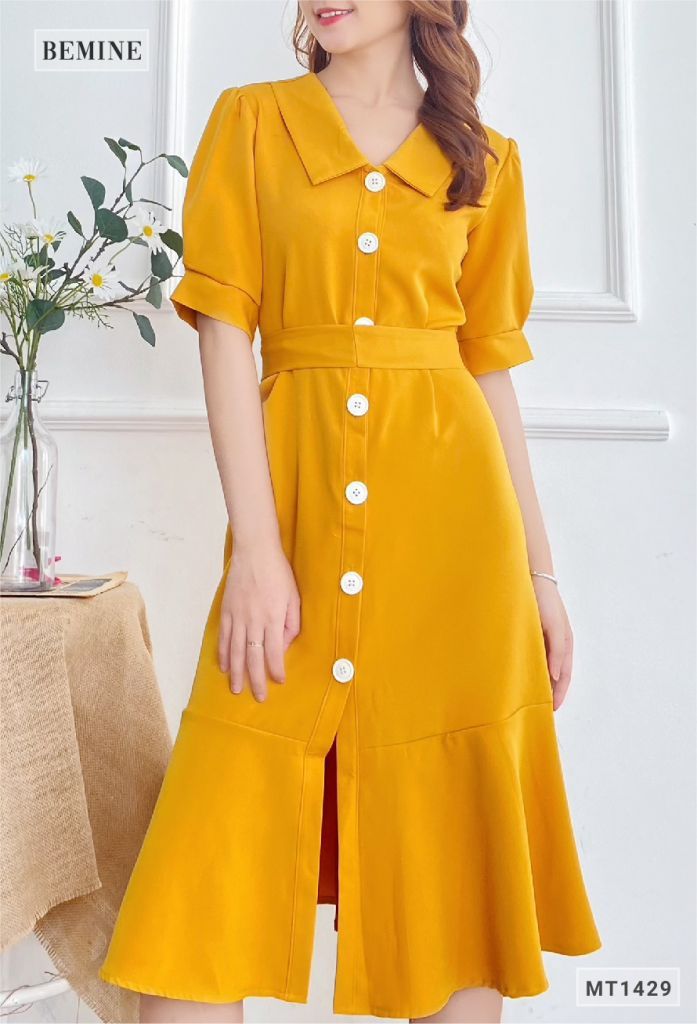 M1429VANG - Đầm vàng sơ mi cột eo