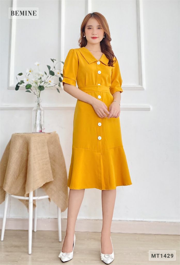 M1429VANG - Đầm vàng sơ mi cột eo